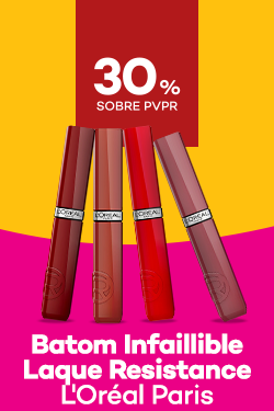 Batom Laque Resistance da marca loreal paris com destaque promocional de 30% sobre preço de Venda ao Público Recomendado